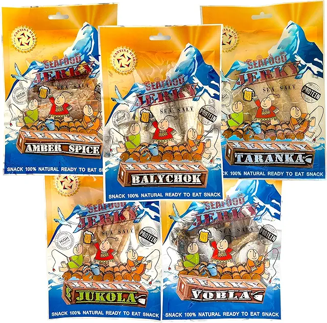 Cantina Star Beer Party Set — 5 varieties of fish jerky laid out